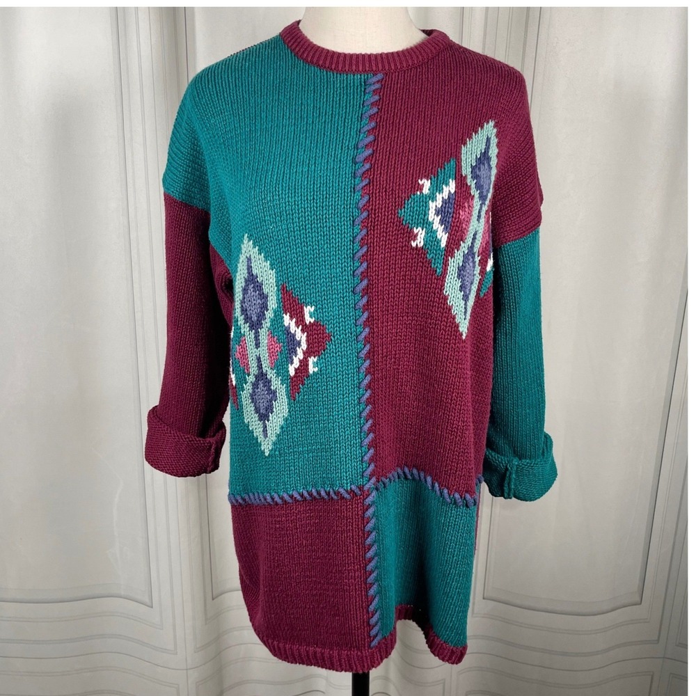 Vintage 90s Oversized Patchwork Knit Sweater Boho Y2K M